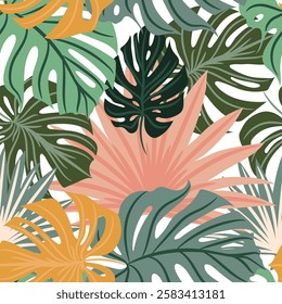 Hawaiian vector hand drawn seamless pattern with green and pink palm leaves