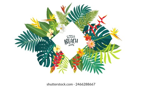 Hawaiian vector tropical floral card. Lush Balinese summer beach party illustration. Goa, Thailand, Brazil beach greenery frame. Maldives vacation parties jungle flower bouquet greeting  card template