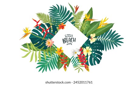 Hawaiian vibe tropical floral greeting card. Vibrant summer design. Hibiscus and plumeria lush jungle watercolor illustration framed by greenery. Beach weddings or vacation parties modern template