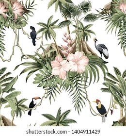 Hawaiian vintage botanical island, palm tree, mountain, palm leaves, hibiscus flower, exotic bird, toucan summer floral seamless pattern white background.Exotic jungle wallpaper. 