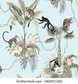 Hawaiian vintage botanical palm tree,banana tree,  palm leaves, hibiscus flower, liana, monkey animal summer paradise floral seamless pattern blue background.Exotic jungle wallpaper.