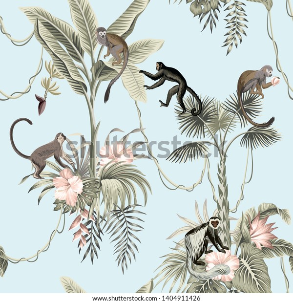 Hawaiian\
vintage botanical palm tree,banana tree,  palm leaves, hibiscus\
flower, liana, monkey animal summer paradise floral seamless\
pattern blue background.Exotic jungle\
wallpaper.