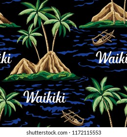 Hawaiian vintage island, palm tree, sea and boat summer seamless pattern black background. Waikiki slogan summer wallpaper.