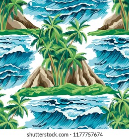 Ilha do vintage havaiano, palmeira e ondas do mar verão padrão sem costura floral. Papel de parede selva exótico.