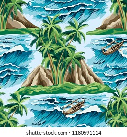 Hawaiian Vintage Island, Palm Tree, Boat And Sea Waves Summer Floral Seamless Pattern.Exotic Jungle Wallpaper.