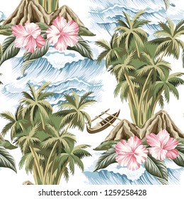 Hawaiian vintage island, palm tree, boat, pink hibiscus and sea waves summer floral seamless pattern.Exotic jungle wallpaper. 