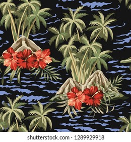 Hawaiian vintage island, palm tree, hibiscus red flower, palm leaves and sea waves summer floral seamless pattern black background.Exotic jungle wallpaper. 