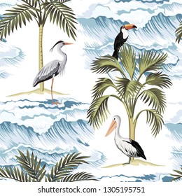 Hawaiian vintage island, palm tree, heron, pelican, toucan and sea waves summer floral seamless pattern.Exotic jungle wallpaper.