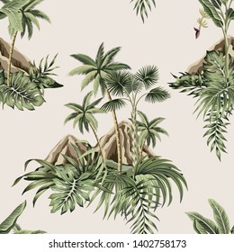 Hawaiian vintage island, palm tree, mountain, palm leaves summer floral seamless pattern.Exotic jungle wallpaper.