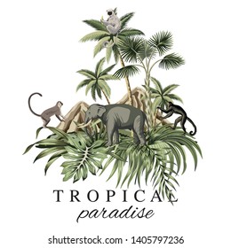 Hawaiian vintage island, palm tree, mountain, palm leaves, wild animal monkey, elephant, sloth summer floral composition. Exotic jungle tropical paradise slogan print.