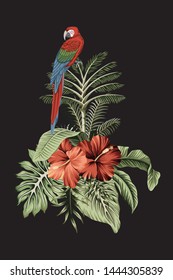 Hawaiian vintage island, palm tree, palm leaves, pink hibiscus flower, macaw parrot  summer floral composition. Exotic jungle tropical paradise print.