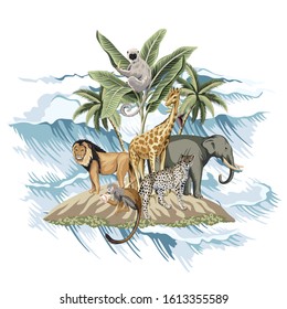 Hawaiian vintage island, palm tree, lion,elephant, giraffe, monkey, sloth, sea wave summer floral illustration. Exotic jungle tropical paradise print.