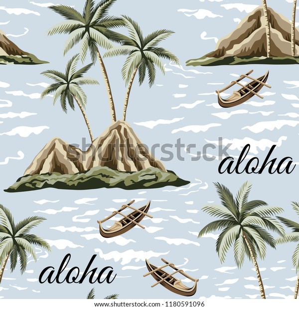 ハワイのビンテージ島 ヤシの木 海 船の夏のシームレスなパターン青の背景 エキゾチックなジャングルの壁紙 アロハのスローガン のベクター画像素材 ロイヤリティフリー