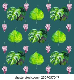 Hawaiian Watercolor Vector Flowers Seamless Pattern. Hand Painted Hawaii Textile Design. Jungle Botanical Texture. Summer Clothes Watercolor Flowers Vector Pattern. Retro Seamless Floral Illustration.