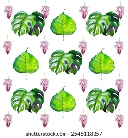 Hawaiian Watercolor Vector Flowers Seamless Pattern. Retro Seamless Floral Background. Summer Clothes Watercolor Flowers Vector Pattern. Hand Painted Tropic Fabric Design. Jungle Botanical Texture.