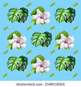 Hawaiian Watercolor Vector Flowers Seamless Pattern. Jungle Botanical Texture. Hand Painted Tropic Textile Design. Retro Seamless Floral Wallpaper. Summer Clothes Watercolor Flowers Vector Pattern.