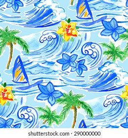 Hawaiian waves, bright watercolor summer seamless pattern for textile
