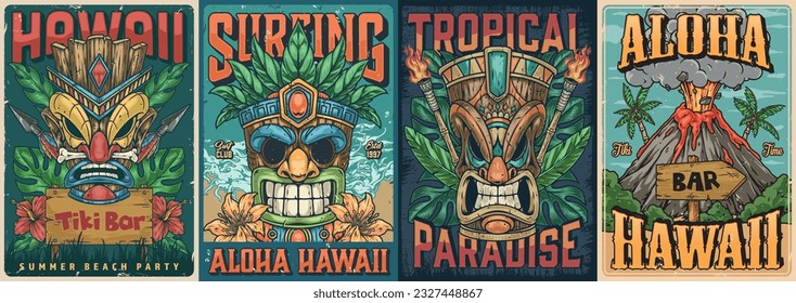 Hawaiian weekend set poster colorful with aztec masks and captions for tiki bar or surf on tropical coast vector illustration