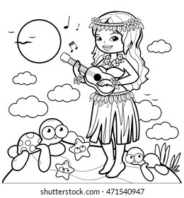 Hawaiian woman at the beach playing her guitar on an island. Vector black and white coloring page.
