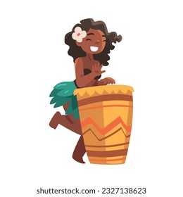 Hawaiian Woman Character with Flower on Her Head Playing Drum and Hula Dancing Vector Illustration
