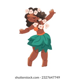 Hawaiian Woman Character with Lei Garland or Wreath Hula Dancing Vector Illustration