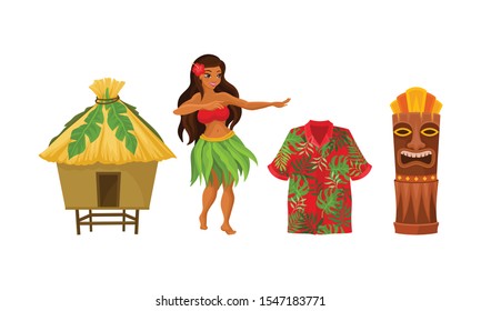 Hawaiian woman, home and other symbols. Vector illustration on a white background.