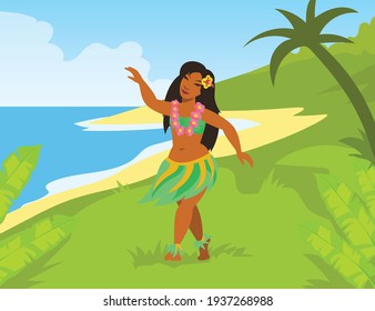 Hawaiian woman in national costume dancing on seashore. Hawaii sea shore tropical nature. Flat vector illustration. Summer vacation travel resort concept