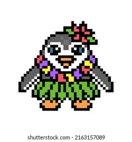 Hawaiian woman penguin wearing leaf skirt, lei (floral necklace) and hibiscus flower hairpin, pixel art bird character on white. Hula dancer mascot. Retro 8 bit video game graphics. Polynesian girl.