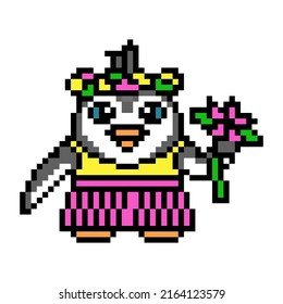 Hawaiian woman penguin wearing a yellow bra, pink skirt, lei (floral wreath) holding hibiscus flower, pixel art bird character on white. Hula dancer mascot. 8 bit video game graphics. Polynesian girl.