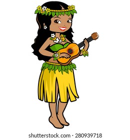 Hawaiian woman playing music with her guitar. Vector illustration