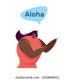 Hawaiian woman saying hello. Nationality, different cultures and languages. Multilingual greetings in speech bubbles flat vector illustration. International communication concept for banner and design