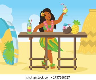 Hawaiian woman selling exotic cocktails drinks on beach. Hawaii sea shore tropical nature. Flat vector illustration. Summer vacation travel resort concept