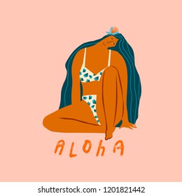 Hawaiian women in bikini sitting on the beach. Summer travel poster with text quote aloha.