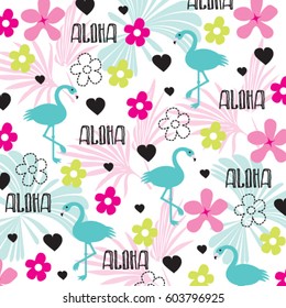 Hawaiian word "Aloha" greeting with tropical pattern with flamingo, wrapping paper vector illustration.