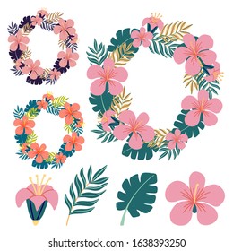 Hawaiian wreath in different colors. Set of elements for composing the composition. Tropical floral frame for design .Vector illustration