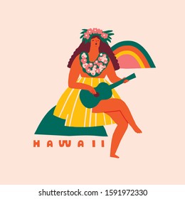 Hawaiian young hula women playing guitar and singing traditional Hawaii song illustration in vector. Summer vacation travel poster or card.