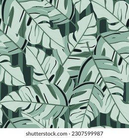 Hawaiian-inspired pattern. Fashionably exotic, palm trees and lush greenery wallpaper. Abstract backdrop botanical garden. Beautiful pattern, vector illustration, tropical paradise.