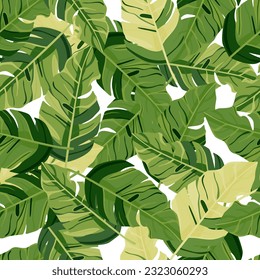 Hawaiian-inspired pattern. Fashionably exotic, palm trees and lush greenery wallpaper. Abstract backdrop botanical garden. Beautiful pattern, vector illustration, tropical paradise.