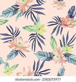 Hawaiian-inspired seamless floral background with lush tropical plants, bringing a fresh and exotic beach vibe to fabric prints and decor.