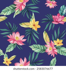 Hawaiian-inspired seamless floral background with lush tropical plants, bringing a fresh and exotic beach vibe to fabric prints and decor.