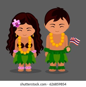 Hawaianos con traje nacional con bandera. Hombre y mujer con traje tradicional. Viaje a Hawái. Gente. Ilustración plana vectorial.