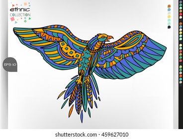 Hawk. Animal patterns with hand-drawn doodle waves and lines. Vector illustration in bright colors.