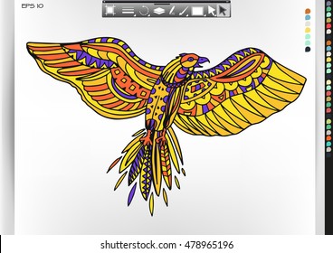 Hawk. Animal patterns with hand-drawn doodle waves and lines. Vector illustration in bright colors.