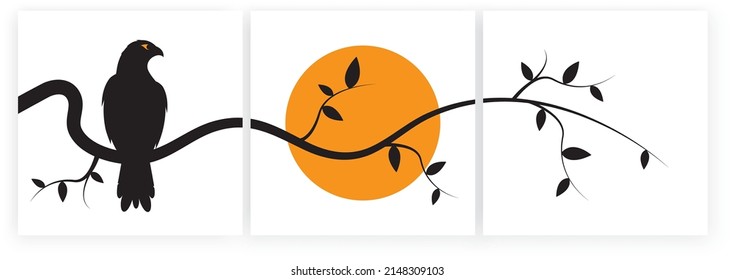 Hawk Bird on branch on sunset, vector. Three pieces minimalist poster art design. Hawk bird illustration isolated on white background. Wall art, artwork, wall decals. Canvas art printing