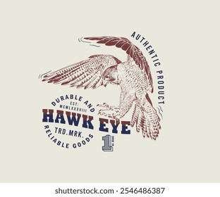 Hawk flying sketch vector, Retro vintage Hawk art with typography, Flying Hawk artwork for t shirt, sweater, Embroidery, screen print, 