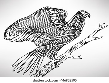 Hawk. Hand-drawn with ethnic pattern. Coloring page - isolated on a white background. Zendoodle patterns. Vector illustration.