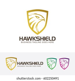 Hawk logo design. Gold shield, Security, Wild animal head logo concept. Vector logo template