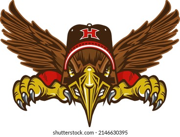 hawk mascot wearing baseball cap with talons for school, college or league