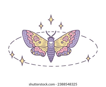 Hawk moth acherontia atropos butterfly round magic linear shape with stars. Abstract mystic sign. Perfect design for magic craft. 


