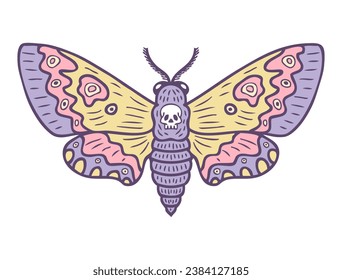 Hawk moth acherontia atropos colorful doodle. Perfect print for tee, poster, card, sticker, banner. Hand drawn vector illustration.



